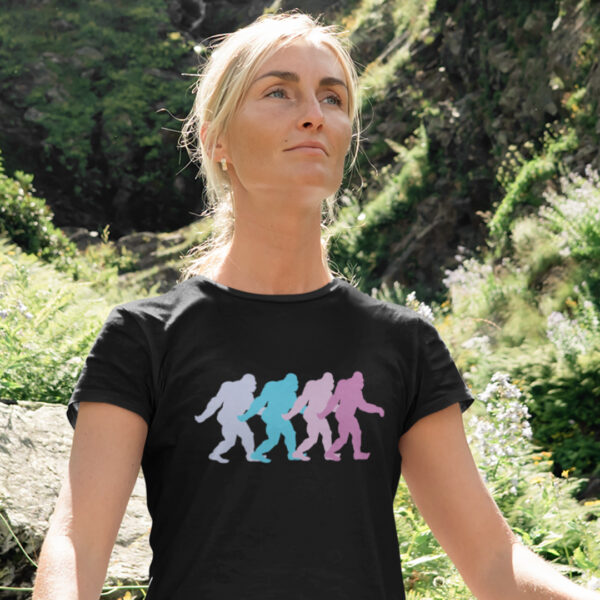woman wearing an '80s pastel color Bigfoot shirt
